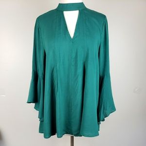 Jodifl Green Top Blouse Tunic Flowy Keyhole Small